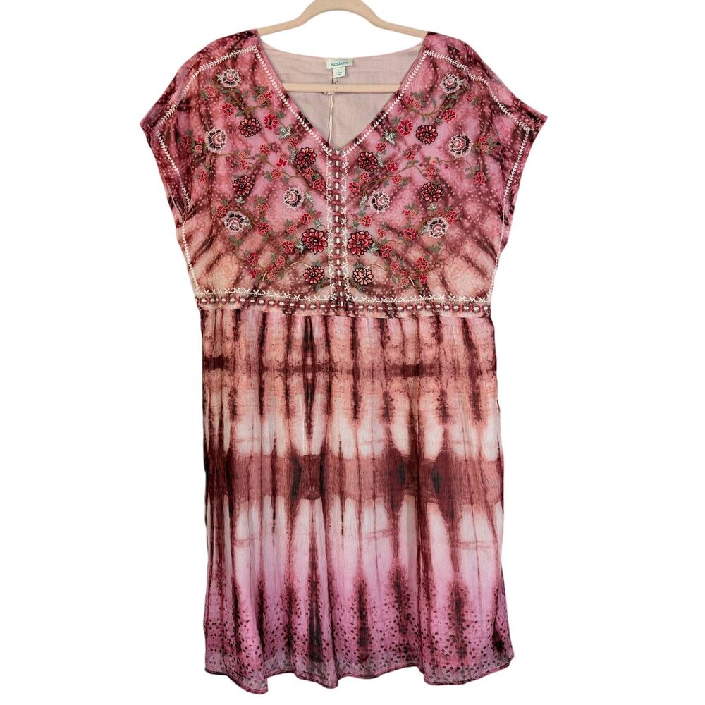 SUNDANCE Dress Large NWT Gemi Boho Tie Dye V-Neck Floral Embroidery Knee Length